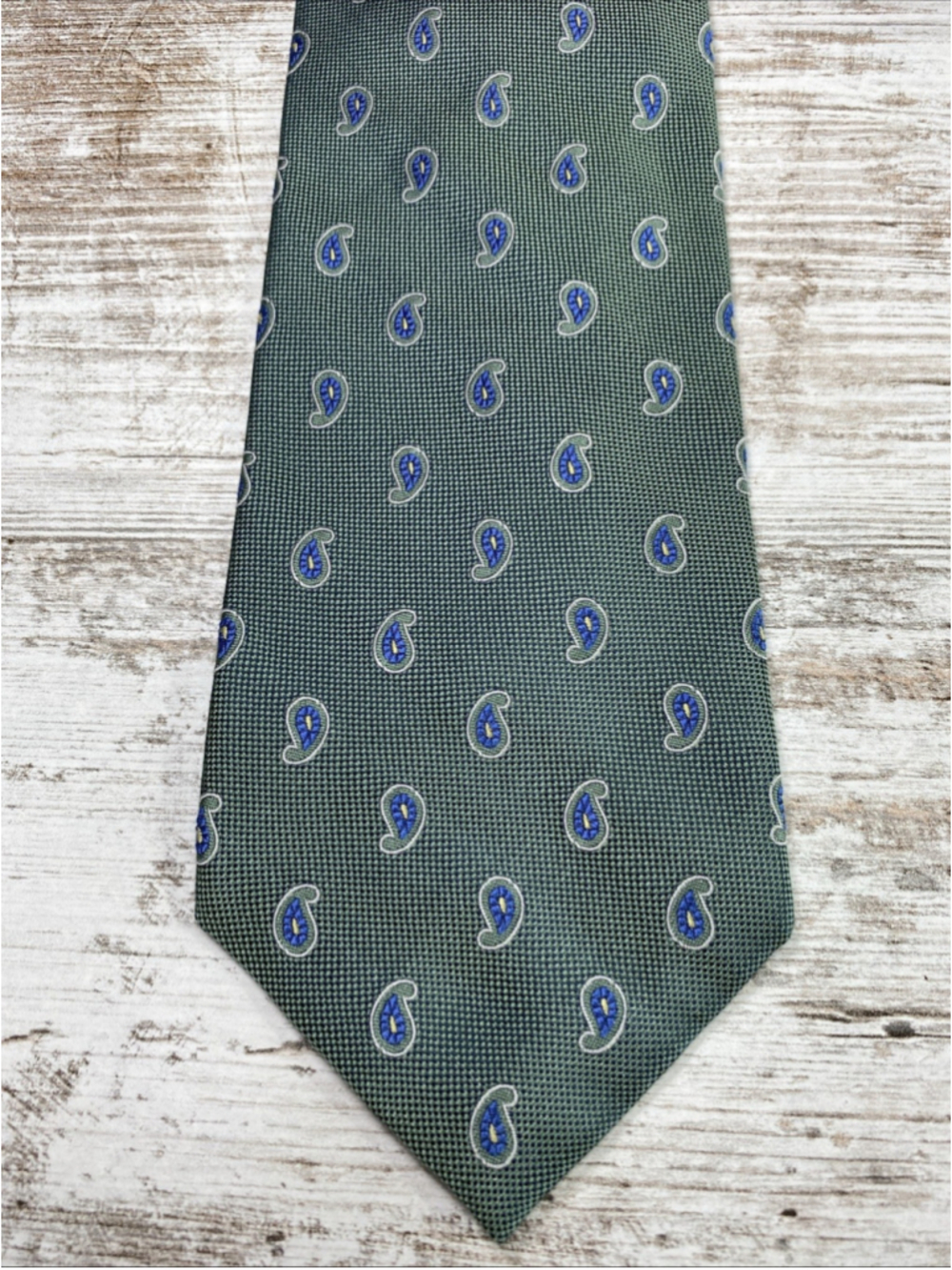 Lands’ End Paisley Classic Silk Necktie Sage Green Blue Hand Sewn